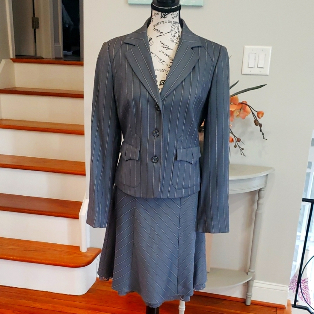 Chic Gray Pinstripe Blazer and Skirt Set